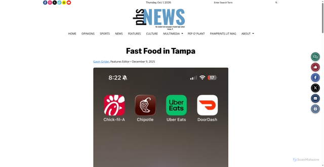 Security scan screenshot of https://phsnews.com/21227/culture/fast-food-in-tampa/