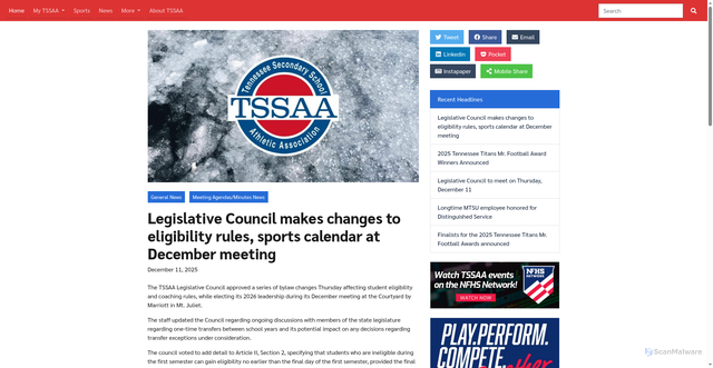 Security scan screenshot of https://tssaa.org/article/legislative-council-makes-changes-to-eligibility-rules-sports-calendar-at-november-meeting