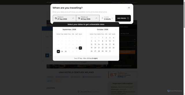 Security scan screenshot of https://una-hotel-century-milan.at-hotels.com/en/
