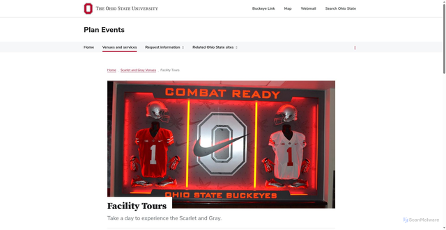 Security scan screenshot of https://planevents.osu.edu/scarlet-and-gray-venues/facility-tours
