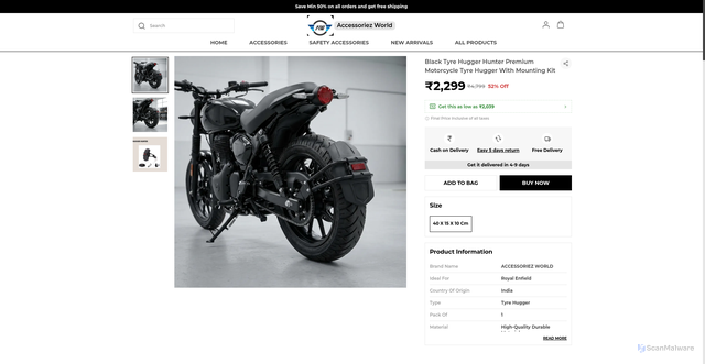 Security scan screenshot of https://accessoriezworld.com/Black-Tyre-Hugger-Hunter-Premium-Motorcycle-Tyre-Hugger-With-Mounting/catalogue/dv46Omdu/wE4JzJeN
