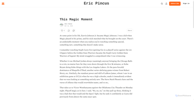 Security scan screenshot of https://ericpincus.substack.com/p/this-magic-moment