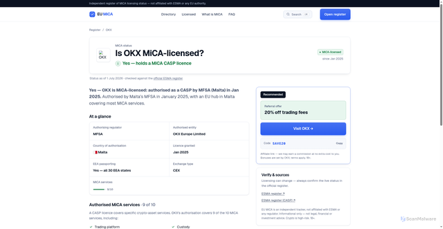 Security scan screenshot of https://eumica.com/exchange/okx