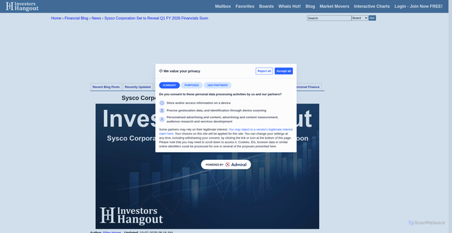 Security scan screenshot of https://investorshangout.com/sysco-corporation-set-to-reveal-q1-fy-2026-financials-soon-414456-/