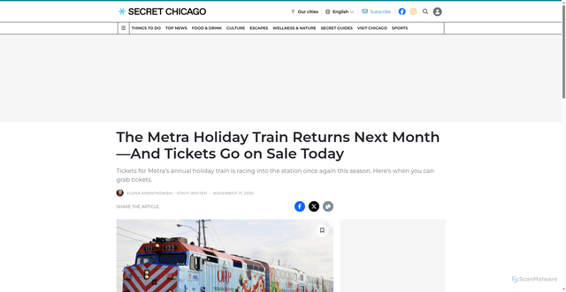 Security scan screenshot of https://secretchicago.com/the-metra-holiday-train-returns-next-month-and-tickets-go-on-sale-today/