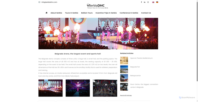 Security scan screenshot of https://serbiadmc.com/conference-in-serbia/belgrade-arena-the-largest-event-and-sports-hall/