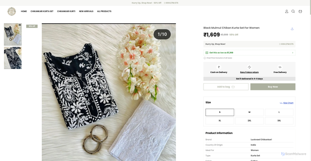Security scan screenshot of https://pkzlucknawichikan.com/Black-Mulmul-Chikan-Kurta-Set-For-Women/catalogue/75-W5S2R/jmrDj6Sc