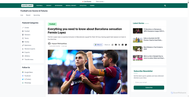 Security scan screenshot of https://sportzpoint.com/football/everything-you-need-to-know-about-barcelona-sensation-fermin-lopez