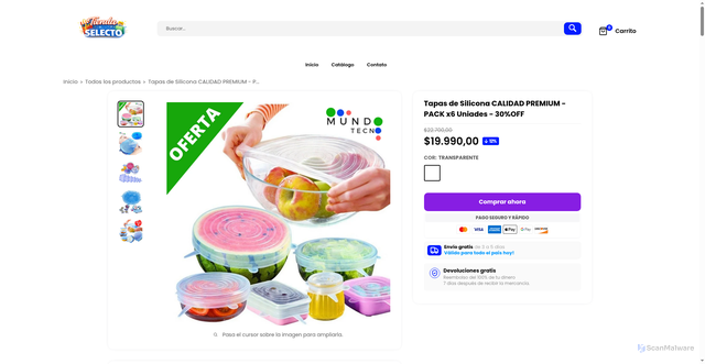 Security scan screenshot of https://tiendaselecto.store/products/tapas-de-silicona-multi-funcion-x6-uniades