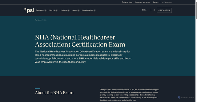 Security scan screenshot of https://www.psiexams.com/test-takers/nha/
