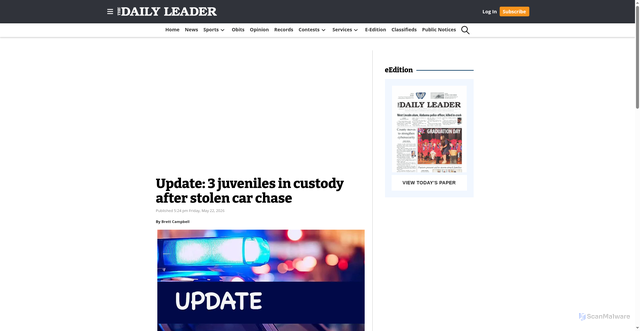 Security scan screenshot of https://dailyleader.com/2026/05/22/update-3-juveniles-in-custody-after-stolen-car-chase/