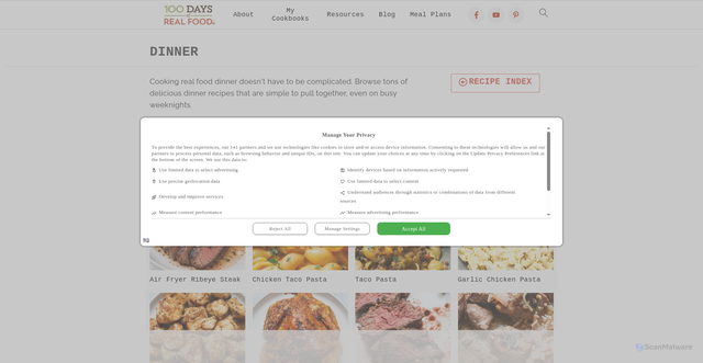 Security scan screenshot of https://www.100daysofrealfood.com/wprm_course/dinner/
