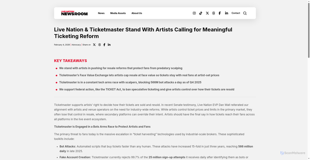 Security scan screenshot of https://newsroom.livenation.com/news/live-nation-ticketmaster-stand-with-artists-calling-for-meaningful-ticketing-reform/