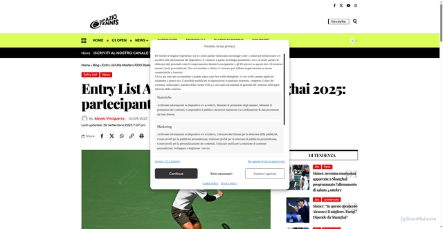 Security scan screenshot of https://www.spaziotennis.com/trn/ent/entry-list-atp-masters-1000-shanghai-2025-partecipanti-italiani-presenti/113147