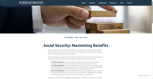 Security scan screenshot of https://brentwood.agencyrevolutiondemo.com/resource-center/retirement/maximizing-your-social-security-benefits