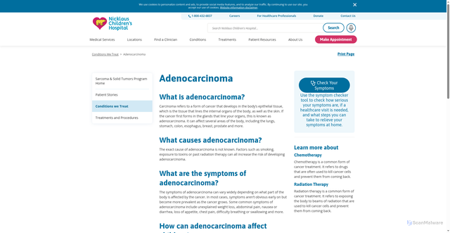 Security scan screenshot of https://www.nicklauschildrens.org/conditions-we-treat/adenocarcinoma