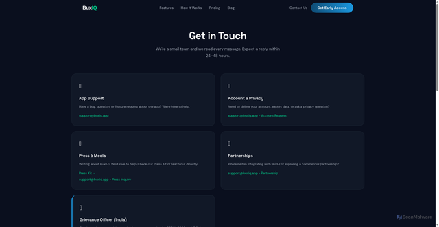 Security scan screenshot of https://buxiq.app/contact