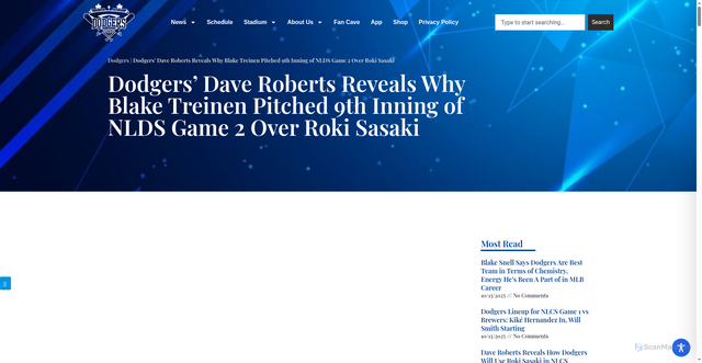 Security scan screenshot of https://dodgersnation.com/dodgers-dave-roberts-reveals-why-blake-treinen-pitched-9th-inning-of-nlds-game-2-over-roki-sasaki/2025/10/06/