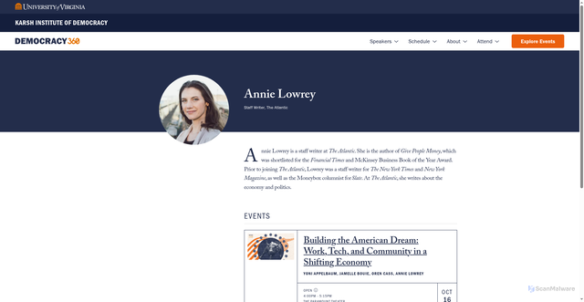Security scan screenshot of https://karshinstitute.virginia.edu/d360/2025/speakers/annie-lowrey
