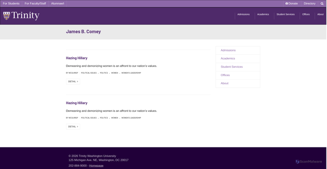Security scan screenshot of https://discover.trinitydc.edu/tag/james-b-comey/