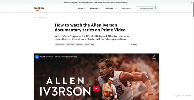 Security scan screenshot of https://www.aboutamazon.com/news/entertainment/allen-iverson-documentary-prime-video