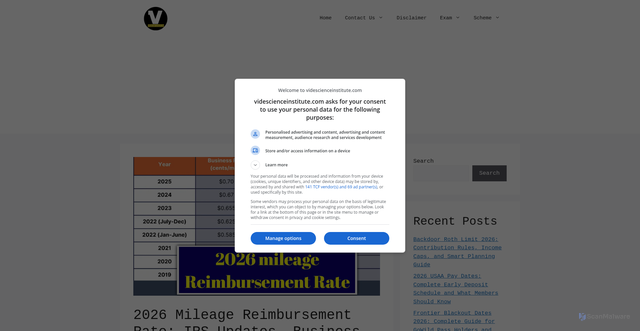 Security scan screenshot of https://videscienceinstitute.com/2026-mileage-reimbursement-rate/