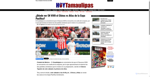 Security scan screenshot of https://www.hoytamaulipas.net/notas/608591/&iquestDonde-ver-EN-VIVO-el-Chivas-vs-Atlas-de-la-Copa-Pacifica.html