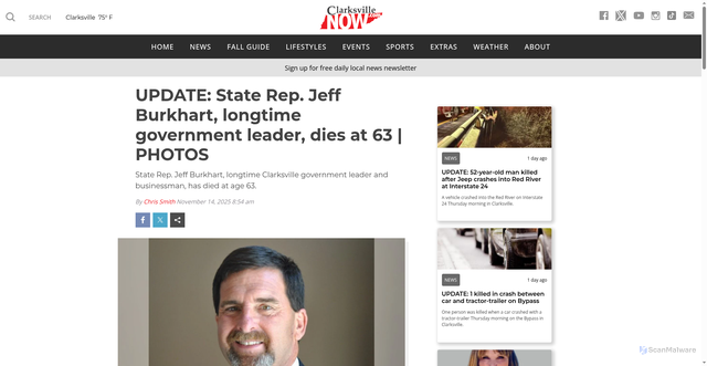 Security scan screenshot of https://clarksvillenow.com/local/state-rep-jeff-burkhart-longtime-clarksville-government-leader-dies-at-63/
