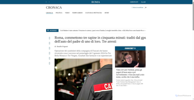 Security scan screenshot of https://roma.corriere.it/notizie/cronaca/25_dicembre_30/roma-commettono-tre-rapine-in-cinquanta-minuti-traditi-dal-gps-dell-auto-del-padre-di-uno-di-loro-tre-arresti-a2167202-3903-4928-8e38-b63d97b1dxlk.shtml