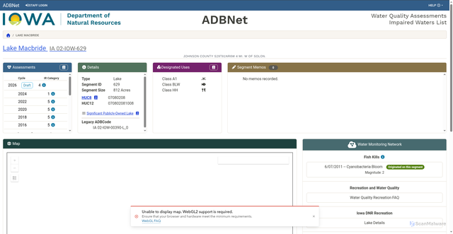 Security scan screenshot of https://programs.iowadnr.gov/adbnet/segments/629