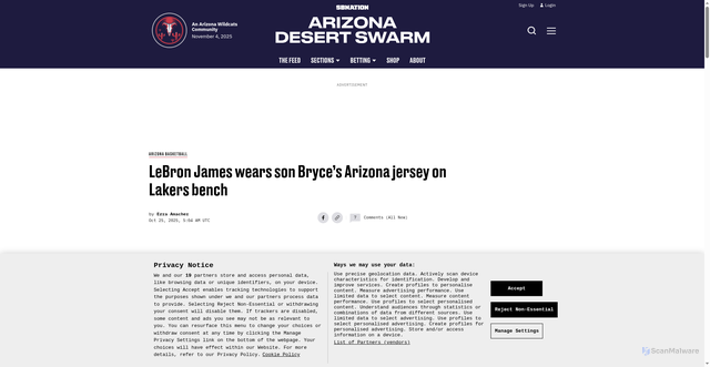 Security scan screenshot of https://www.azdesertswarm.com/basketball/71328/lebron-james-wears-arizona-wildcats-basketball-jersey-los-angeles-lakers