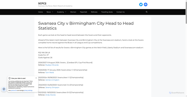 Security scan screenshot of https://www.scfc2.co.uk/head-to-head/swansea-city-v-birmingham-city-head-to-head-statistics/