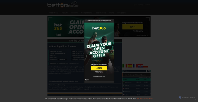 Security scan screenshot of https://www.bettors.club/prediction/Sporting-CP-vs-Rio-Ave/1239541/