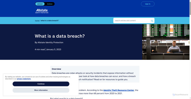 Security scan screenshot of https://www.allstateidentityprotection.com/content-hub/what-is-a-data-breach