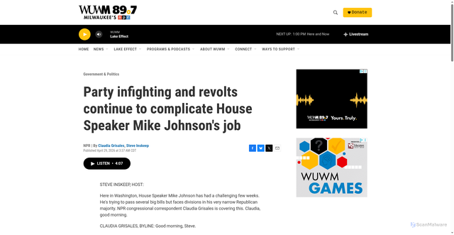 Security scan screenshot of https://www.wuwm.com/politics-government/2026-04-29/party-infighting-and-revolts-continue-to-complicate-house-speaker-mike-johnsons-job