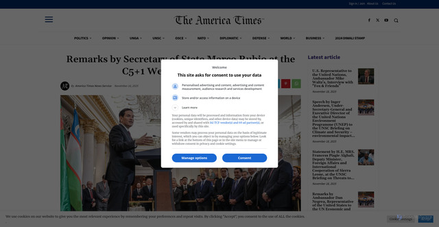 Security scan screenshot of https://www.america-times.com/remarks-by-secretary-of-state-marco-rubio-at-the-c51-welcome-reception/