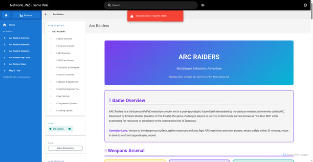 Security scan screenshot of https://wiki.networkljnz.com/en/ArcRaiders