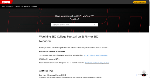 Security scan screenshot of https://support.espn.com/hc/en-us/articles/4406124936468-Watching-SEC-College-Football-on-ESPN-or-SEC-Network