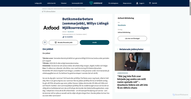 Security scan screenshot of https://jobbland.se/jobb/butiksmedarbetare-sommarjobb-willys-lidingo-mjolksurrevagen-sasxf-19915303?utm_source=jobbevakaren&utm_medium=email&utm_content=sv&identifier=1436885062c5755f1fec8ac9a5d96cd8a761b5ca33eacfff6aca2048d3bdcc76