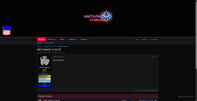 Security scan screenshot of http://antifandom.org/index.php?threads/we-r-back-u-guyz.120/post-376