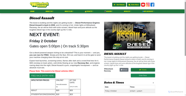 Security scan screenshot of https://willowbankraceway.com.au/event/diesel%20assault/