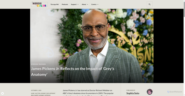Security scan screenshot of https://thenerdsofcolor.org/2025/10/01/james-pickens-jr-reflects-on-the-impact-of-greys-anatomy/