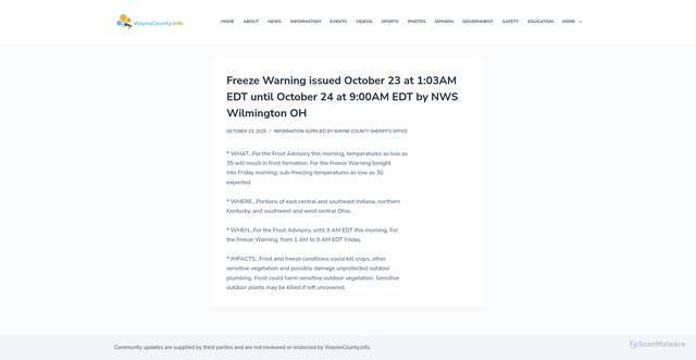 Security scan screenshot of https://community-updates.waynecounty.info/2025/10/23/freeze-warning-issued-october-23-at-103am-edt-until-october-24-at-900am-edt-by-nws-wilmington-oh/
