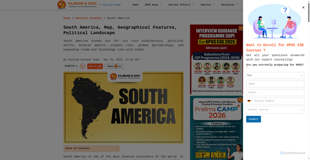 Security scan screenshot of https://vajiramandravi.com/current-affairs/south-america/