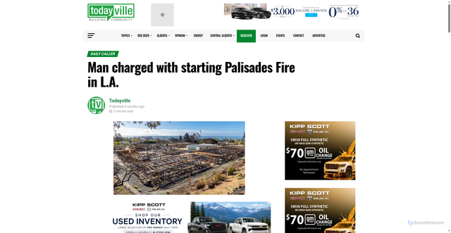 Security scan screenshot of https://www.todayville.com/man-charged-with-starting-palisades-fire-in-l-a/