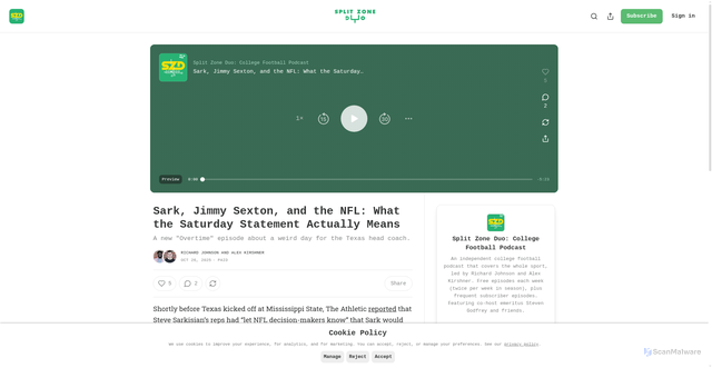 Security scan screenshot of https://www.splitzoneduo.com/p/steve-sarkisian-jimmy-sexton