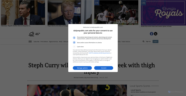 Security scan screenshot of https://www.dailyrepublic.com/sports/professional/golden-state-warriors/steph-curry-will-be-out-at-least-a-week-with-thigh-injury/article_88b5067a-4fae-4e5e-99f1-f3386d9a96e5.html