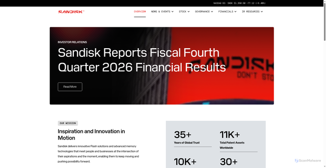 Security scan screenshot of https://investor.sandisk.com/