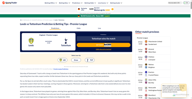 Security scan screenshot of https://www.sportytrader.com/en/betting-tips/leeds-tottenham-294691/