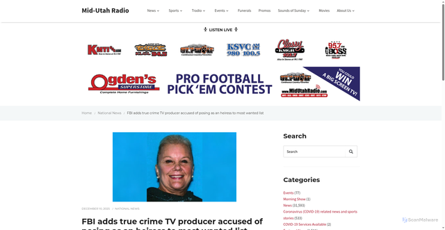 Security scan screenshot of https://midutahradio.com/news/national-news/fbi-adds-true-crime-tv-producer-accused-of-posing-as-an-heiress-to-most-wanted-list/